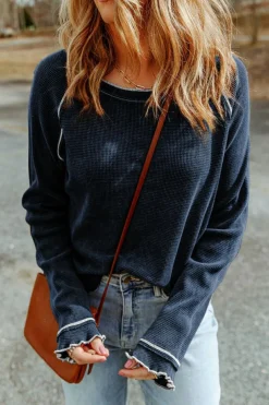 Clearance Dear-Lover Textured Round Neck Long Sleeve Top Blue