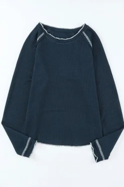 Clearance Dear-Lover Textured Round Neck Long Sleeve Top Blue