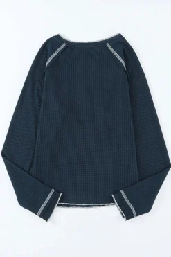 Clearance Dear-Lover Textured Round Neck Long Sleeve Top Blue