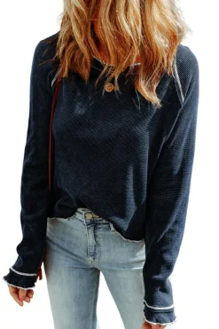 Clearance Dear-Lover Textured Round Neck Long Sleeve Top Blue