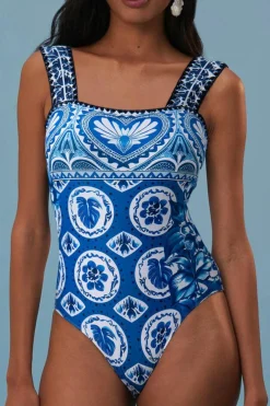 Hot Dear-Lover Tile Pattern Ricrac Wide Straps Sheath One Piece Swimsuit Blue