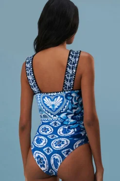 Hot Dear-Lover Tile Pattern Ricrac Wide Straps Sheath One Piece Swimsuit Blue