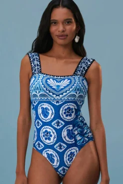 Hot Dear-Lover Tile Pattern Ricrac Wide Straps Sheath One Piece Swimsuit Blue
