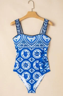 Hot Dear-Lover Tile Pattern Ricrac Wide Straps Sheath One Piece Swimsuit Blue