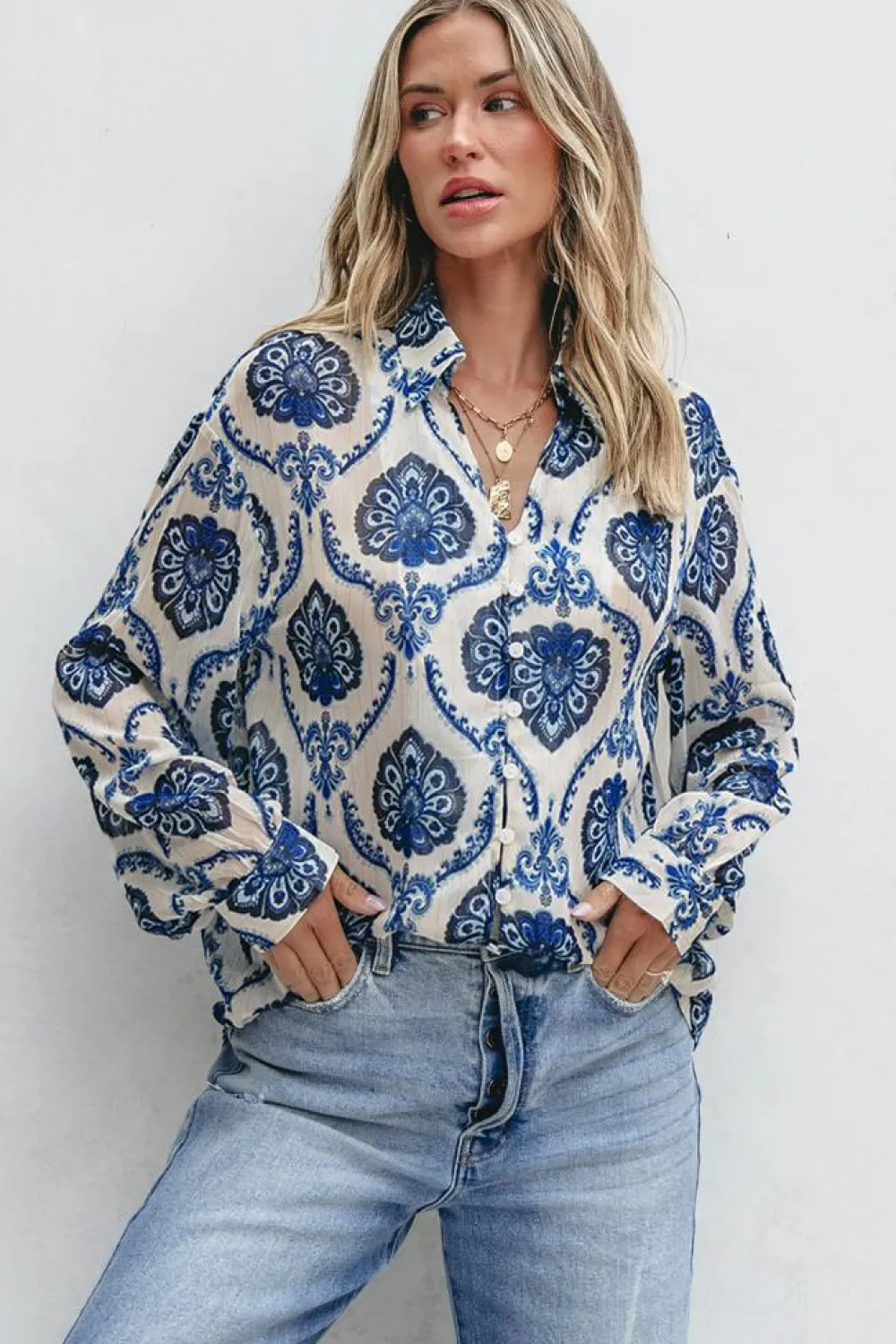 Online Dear-Lover Tribal Pattern Buttoned Front Loose Shirt Blue