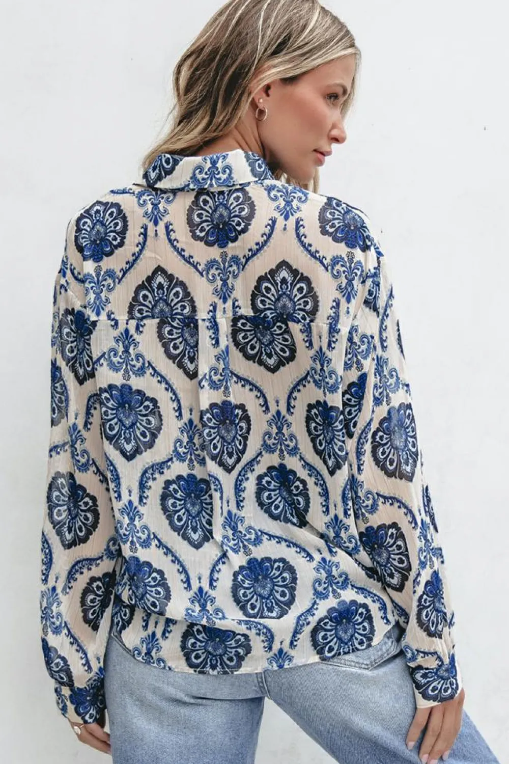 Online Dear-Lover Tribal Pattern Buttoned Front Loose Shirt Blue