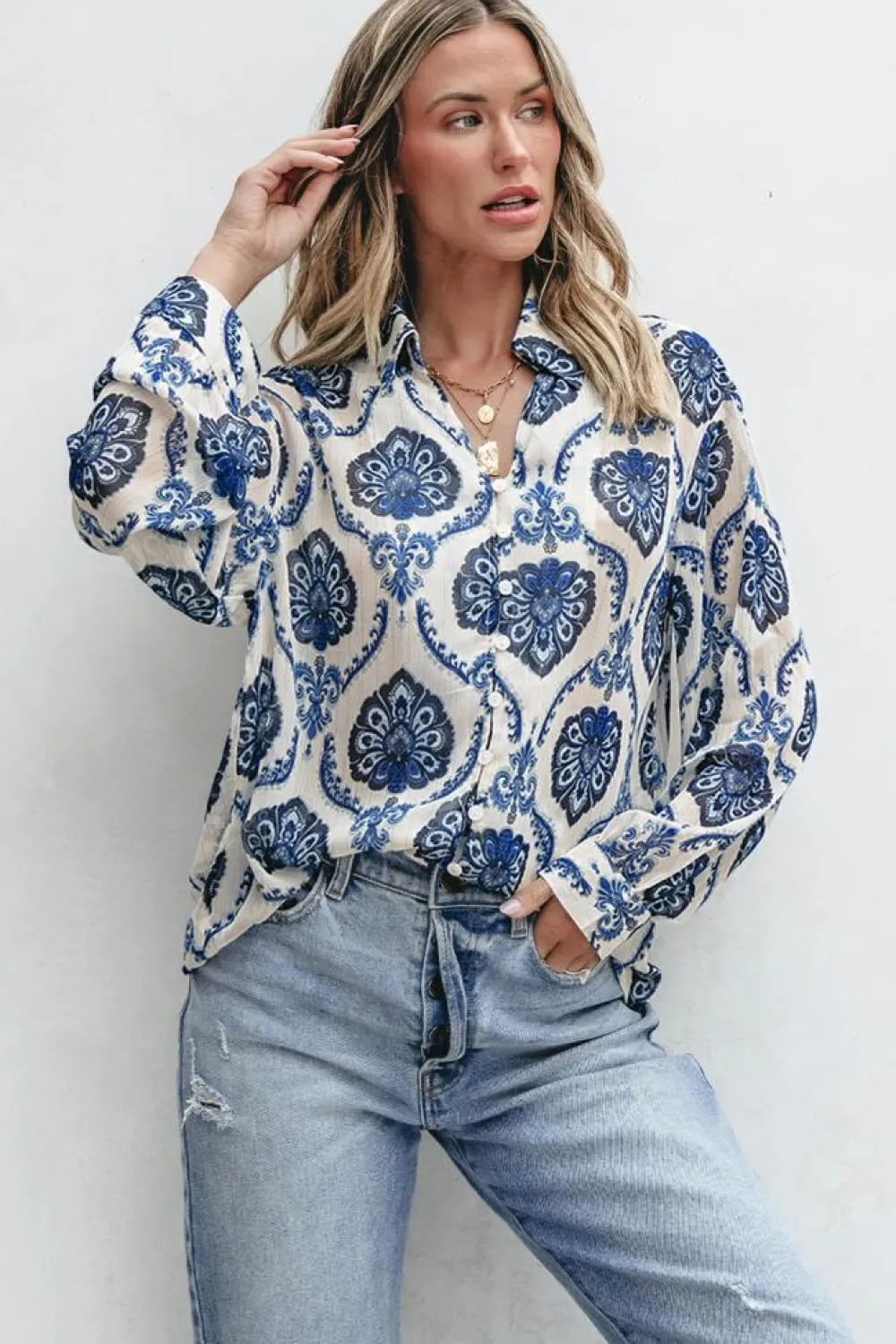Online Dear-Lover Tribal Pattern Buttoned Front Loose Shirt Blue