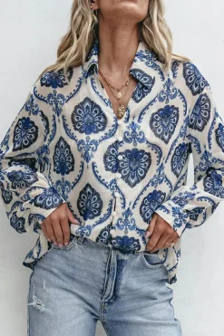 Online Dear-Lover Tribal Pattern Buttoned Front Loose Shirt Blue