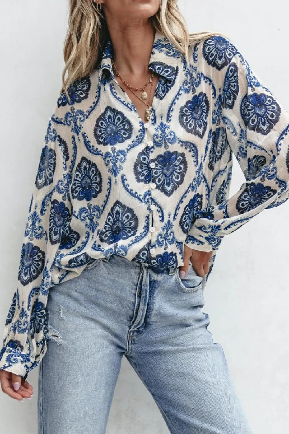 Online Dear-Lover Tribal Pattern Buttoned Front Loose Shirt Blue