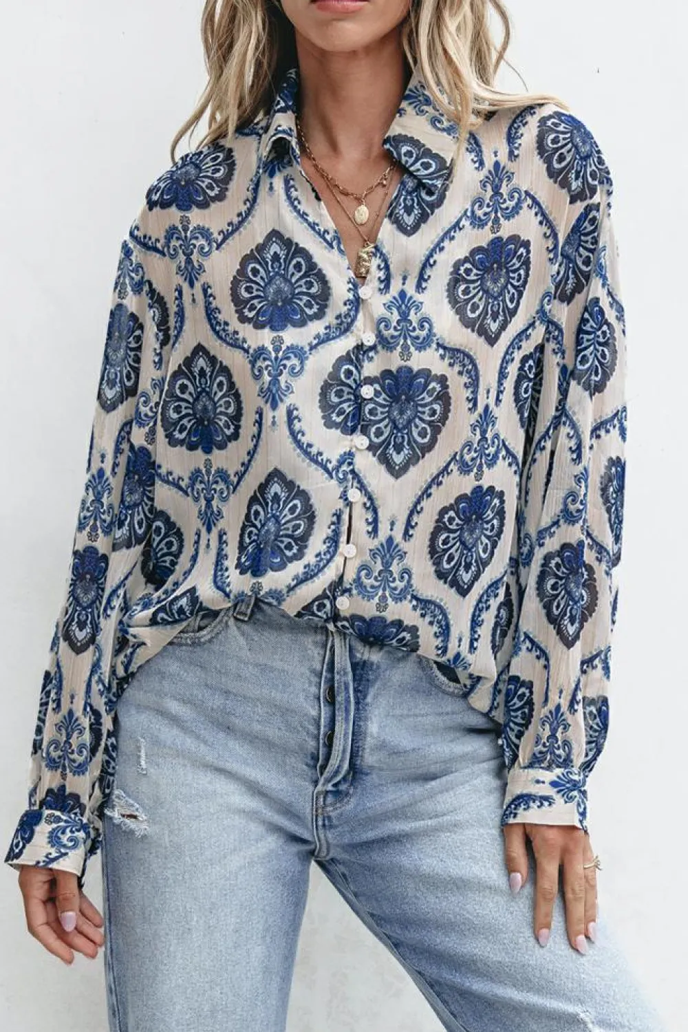 Online Dear-Lover Tribal Pattern Buttoned Front Loose Shirt Blue