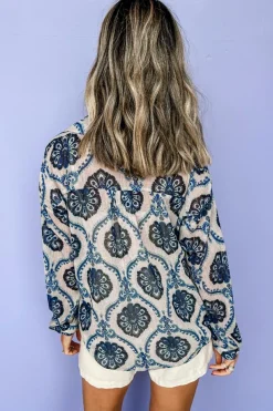 Online Dear-Lover Tribal Pattern Buttoned Front Loose Shirt Blue
