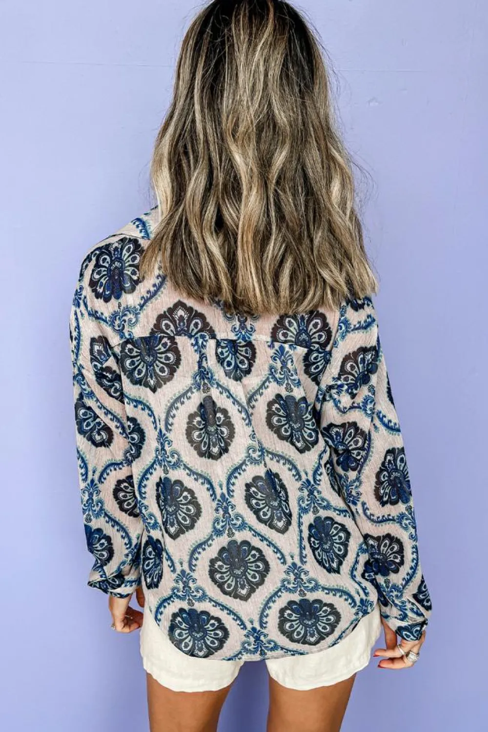 Online Dear-Lover Tribal Pattern Buttoned Front Loose Shirt Blue