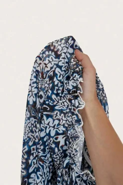 Discount Dear-Lover Tribal Print Lace-up Frilled Neck Puff Sleeve Blouse Blue