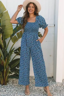 Discount Dear-Lover Vintage Boho Floral Smocked Short Puff Sleeve Wide Leg Jumpsuit Blue