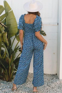 Discount Dear-Lover Vintage Boho Floral Smocked Short Puff Sleeve Wide Leg Jumpsuit Blue