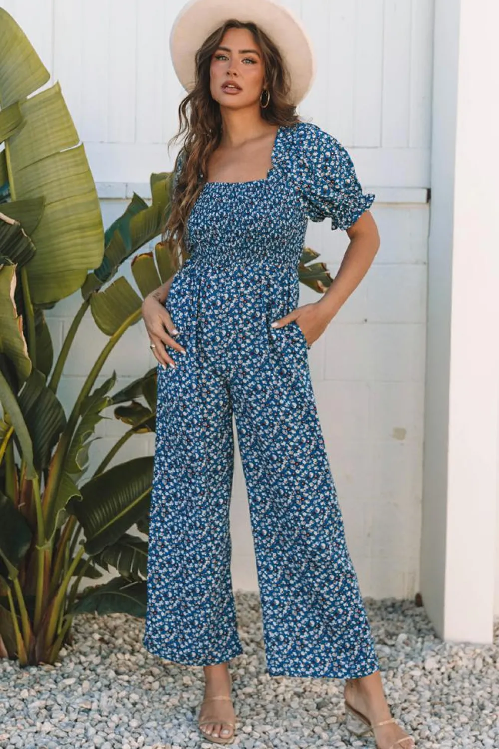 Discount Dear-Lover Vintage Boho Floral Smocked Short Puff Sleeve Wide Leg Jumpsuit Blue