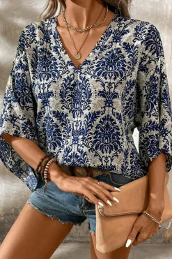 Best Dear-Lover Vintage Flower Tree Quarter Sleeve V Neck Blouse Blue