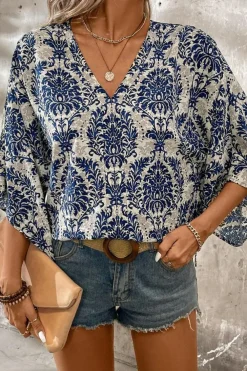 Best Dear-Lover Vintage Flower Tree Quarter Sleeve V Neck Blouse Blue