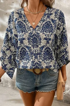 Best Dear-Lover Vintage Flower Tree Quarter Sleeve V Neck Blouse Blue