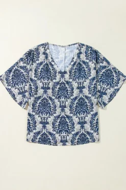 Best Dear-Lover Vintage Flower Tree Quarter Sleeve V Neck Blouse Blue