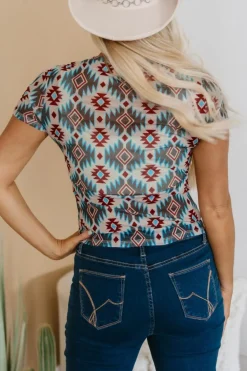 Sale Dear-Lover Western Aztec Print Mesh Slim T Shirt Blue