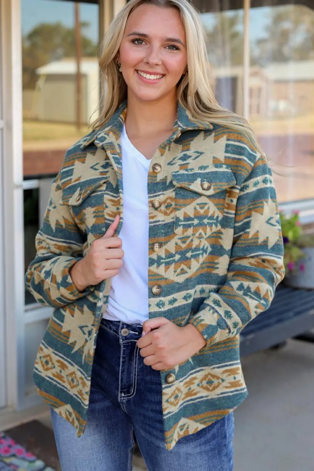 Clearance Dear-Lover Western Aztec Print Button Flap Pocket Shacket Blue