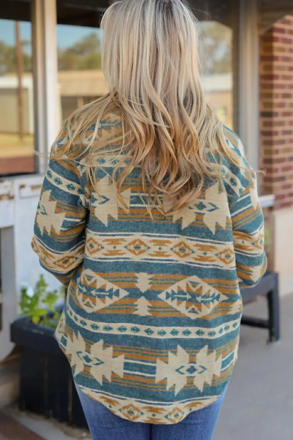 Clearance Dear-Lover Western Aztec Print Button Flap Pocket Shacket Blue