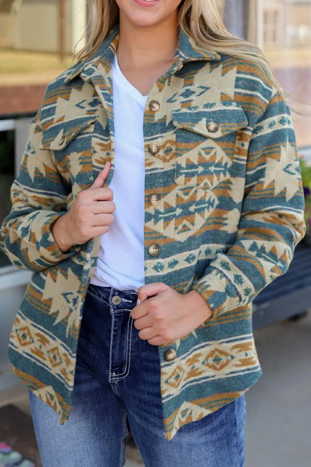 Clearance Dear-Lover Western Aztec Print Button Flap Pocket Shacket Blue