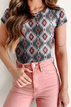 Sale Dear-Lover Western Aztec Print Mesh Slim T Shirt Blue