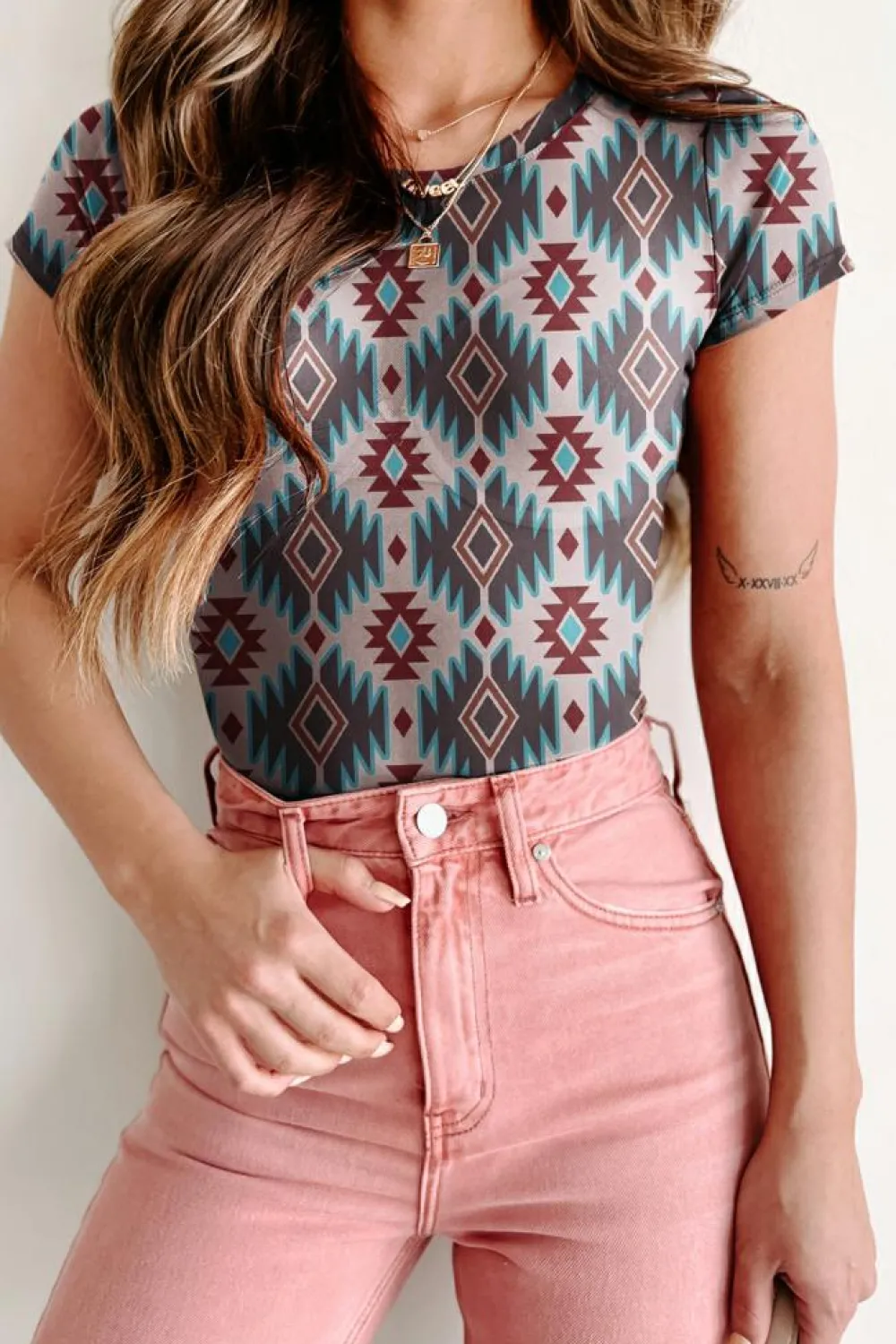 Sale Dear-Lover Western Aztec Print Mesh Slim T Shirt Blue