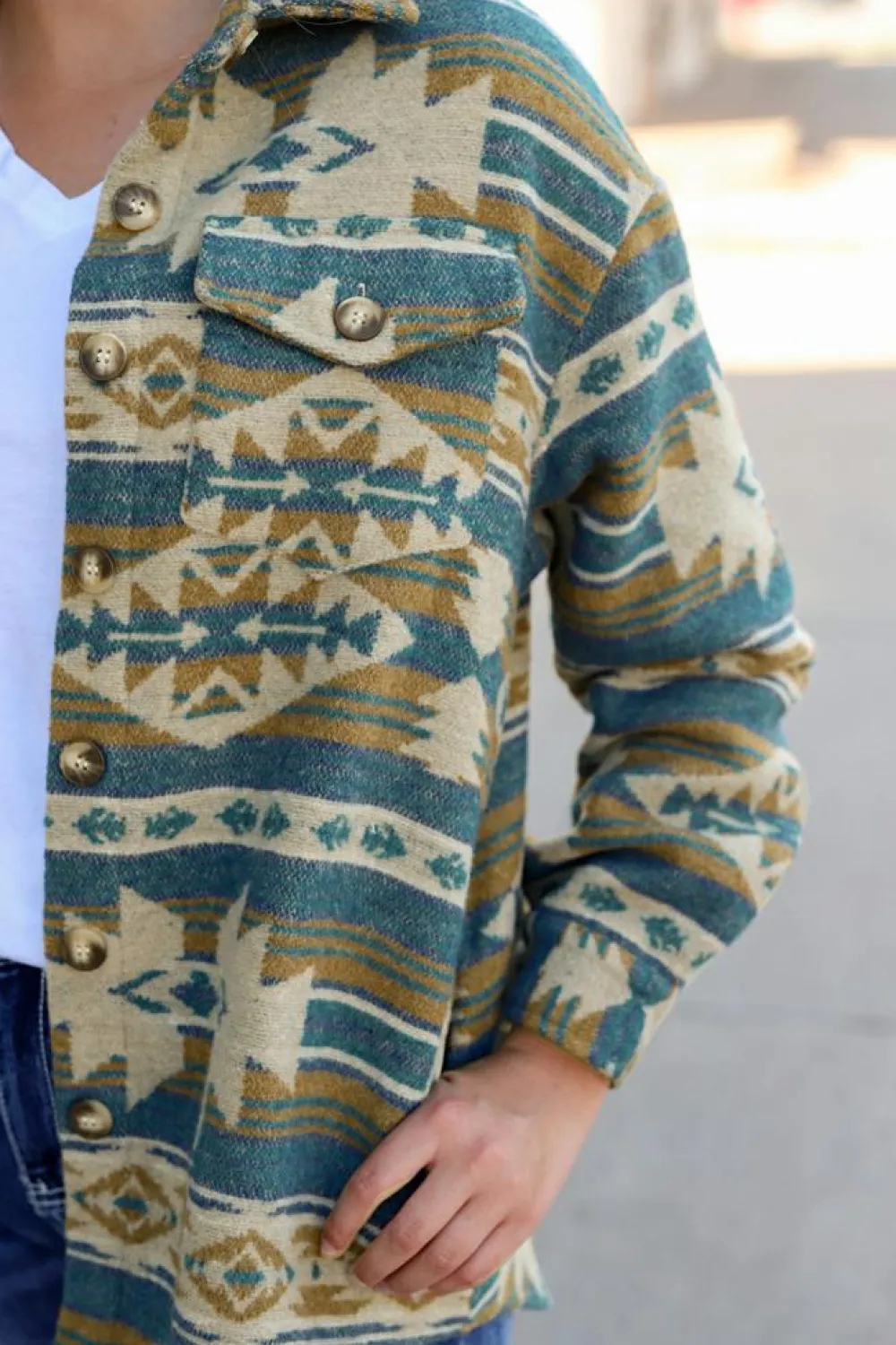 Clearance Dear-Lover Western Aztec Print Button Flap Pocket Shacket Blue