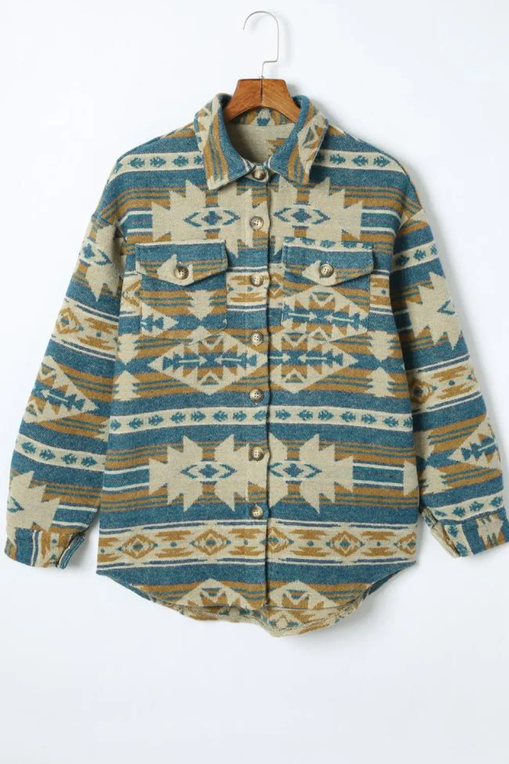 Clearance Dear-Lover Western Aztec Print Button Flap Pocket Shacket Blue