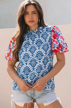 Clearance Dear-Lover Western Fashion Print Floral Puff Sleeve Frilled Neck Blouse Blue