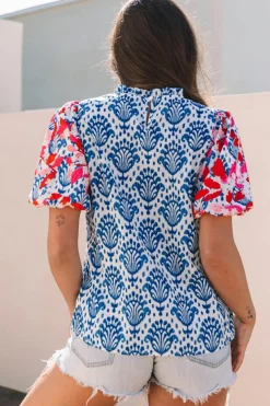 Clearance Dear-Lover Western Fashion Print Floral Puff Sleeve Frilled Neck Blouse Blue