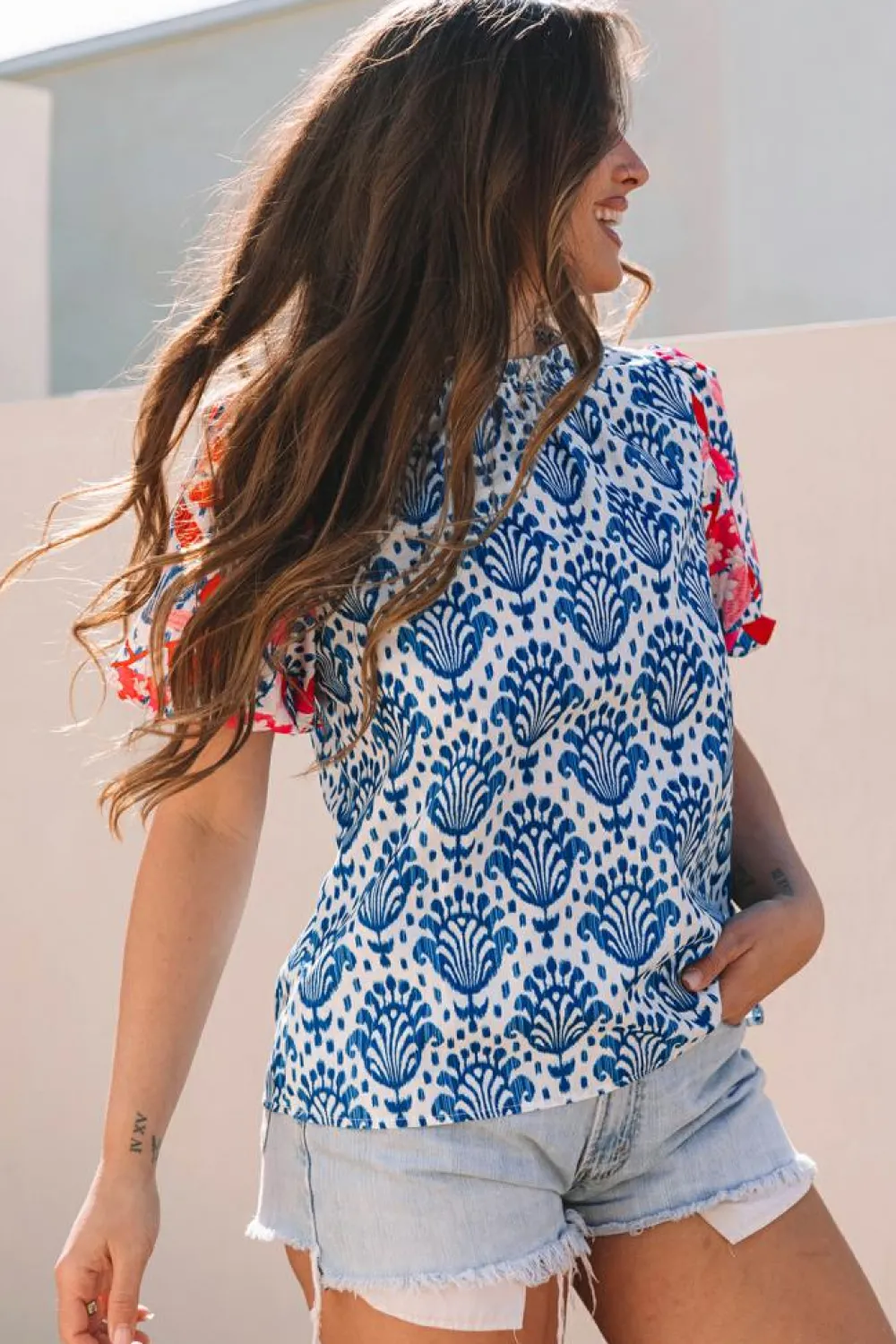 Clearance Dear-Lover Western Fashion Print Floral Puff Sleeve Frilled Neck Blouse Blue