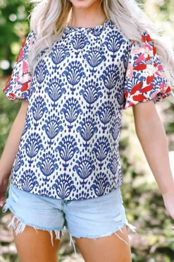 Clearance Dear-Lover Western Fashion Print Floral Puff Sleeve Frilled Neck Blouse Blue