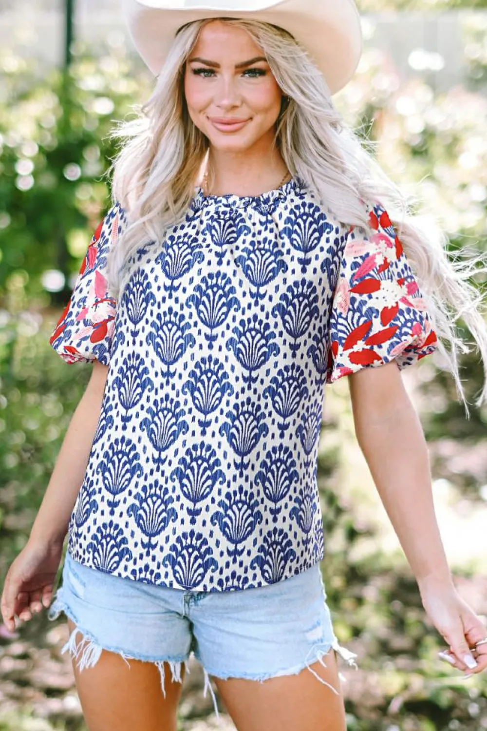 Clearance Dear-Lover Western Fashion Print Floral Puff Sleeve Frilled Neck Blouse Blue