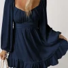 Fashion Dear-Lover White Plain Ruffled High Waist Square Neck Mini Dress Blue