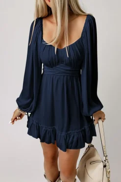 Fashion Dear-Lover White Plain Ruffled High Waist Square Neck Mini Dress Blue
