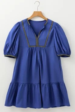 Clearance Dear-Lover Colorful Striped Trim Puff Sleeve Pleated Mini Dress Bluing
