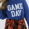 Fashion Dear-Lover Corded GAME DAY Graphic Long Sleeve Crewneck Top Bluing