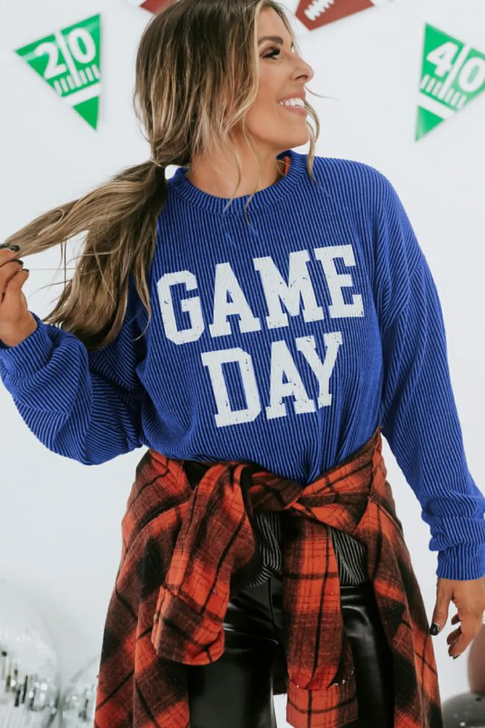 Fashion Dear-Lover Corded GAME DAY Graphic Long Sleeve Crewneck Top Bluing