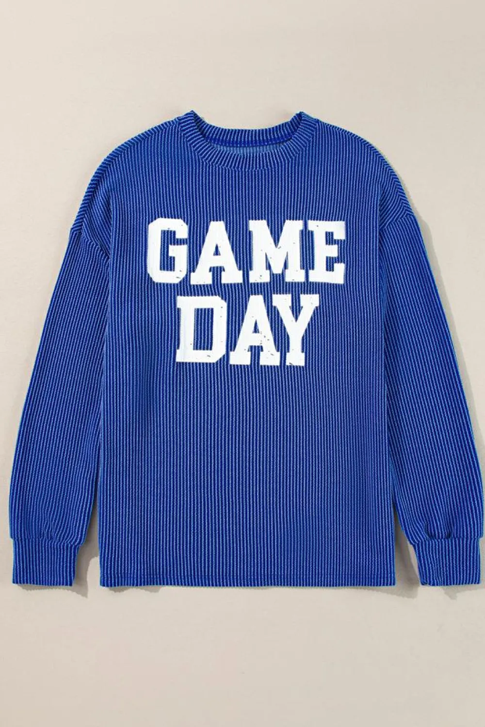 Fashion Dear-Lover Corded GAME DAY Graphic Long Sleeve Crewneck Top Bluing