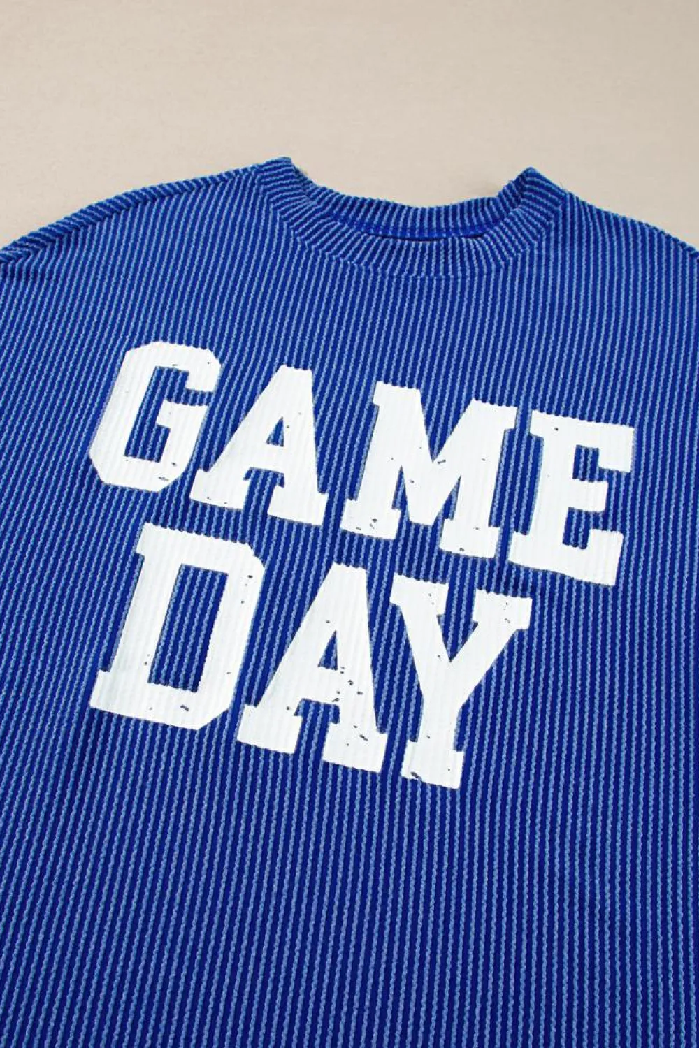 Fashion Dear-Lover Corded GAME DAY Graphic Long Sleeve Crewneck Top Bluing