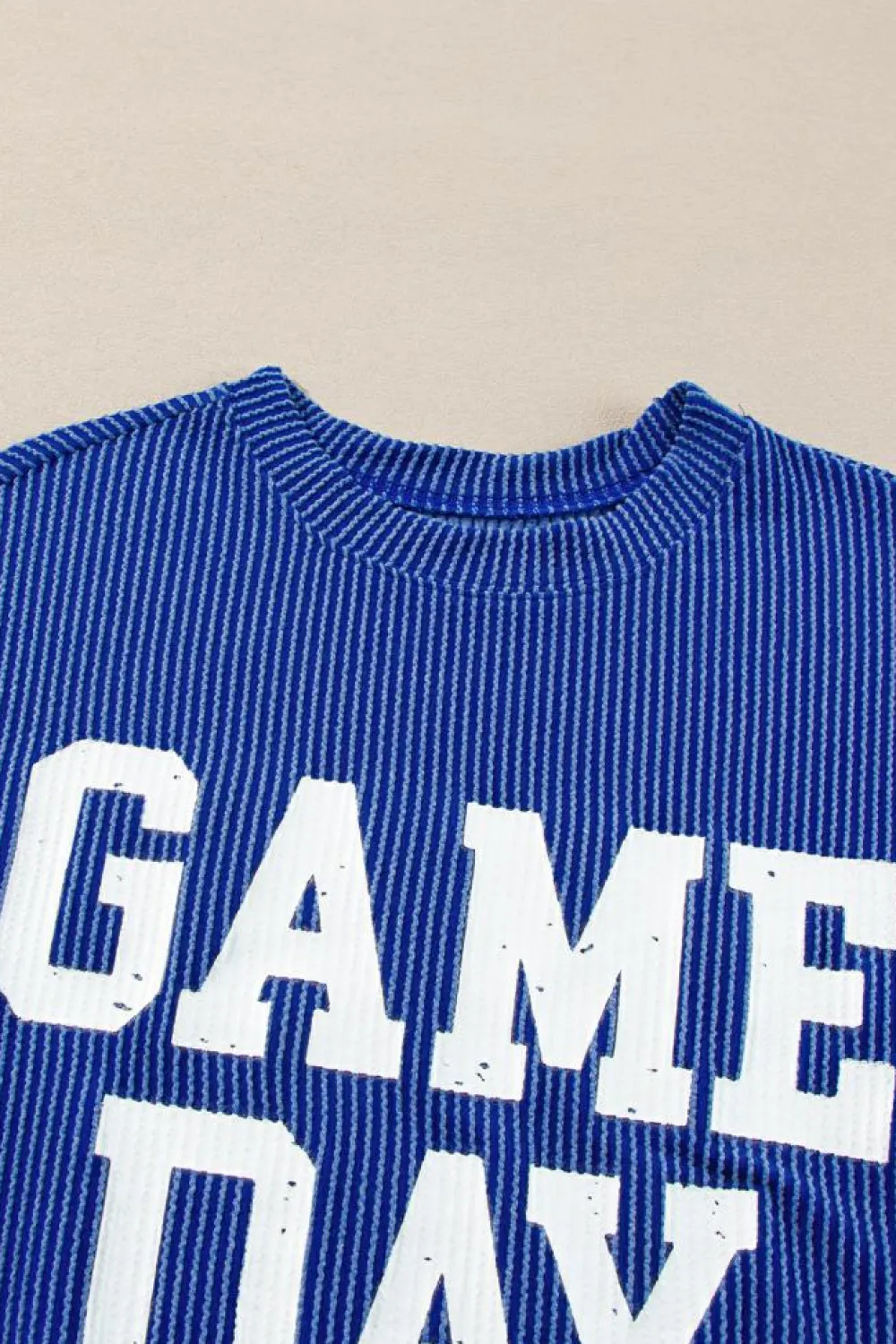 Fashion Dear-Lover Corded GAME DAY Graphic Long Sleeve Crewneck Top Bluing