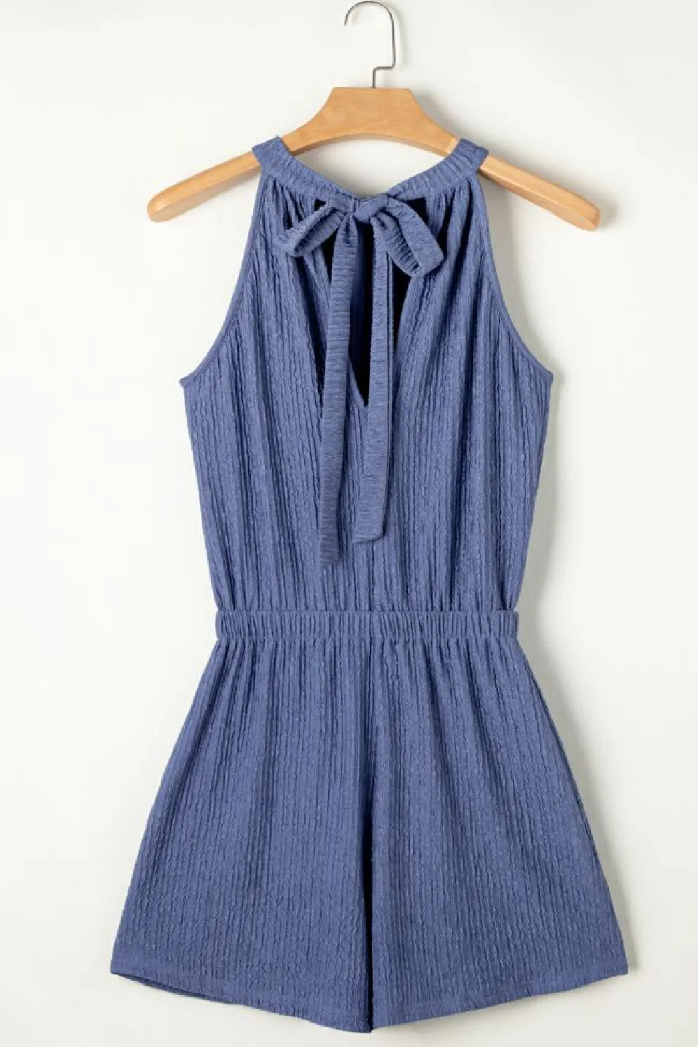 Outlet Dear-Lover Knot Back High Neck Crinkle Textured Romper Bluing