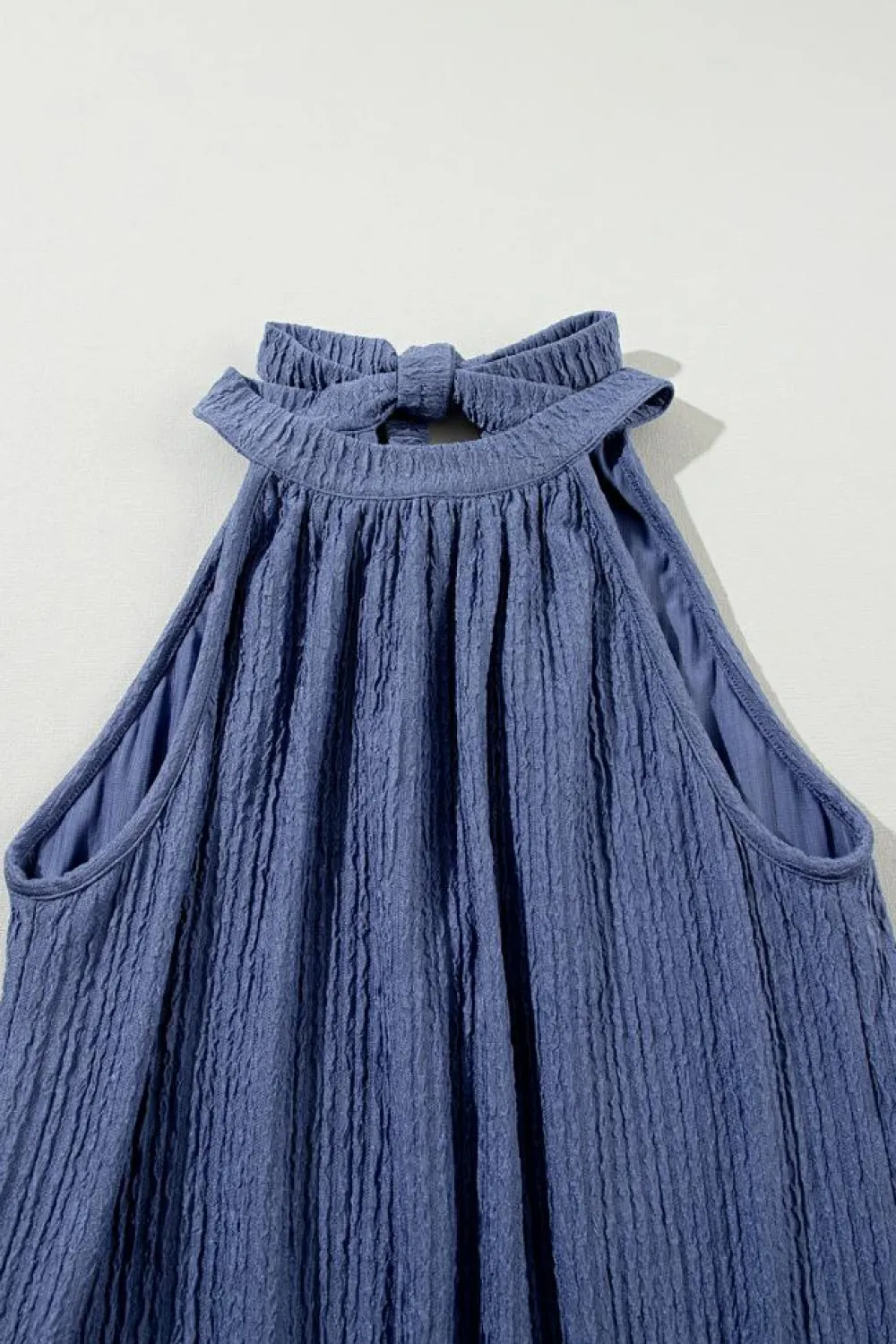 Outlet Dear-Lover Knot Back High Neck Crinkle Textured Romper Bluing