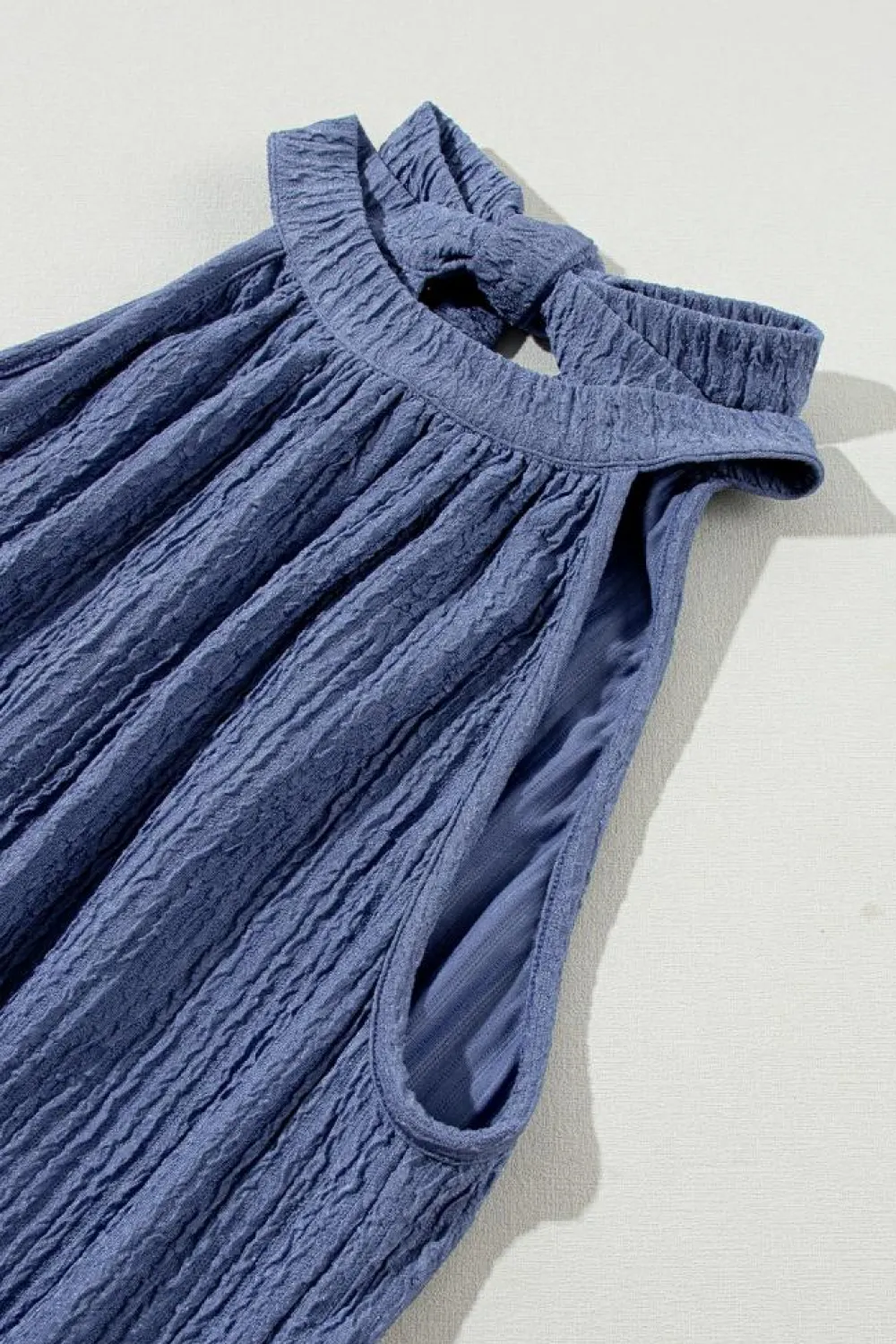Outlet Dear-Lover Knot Back High Neck Crinkle Textured Romper Bluing