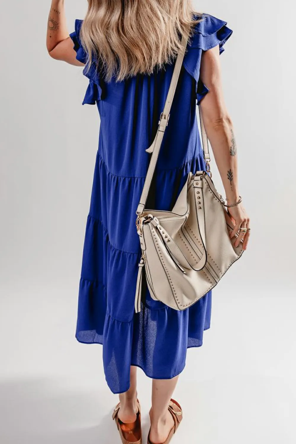 Hot Dear-Lover Ruffled Short Sleeve Collared V Neck Tiered Midi Dress Bluing