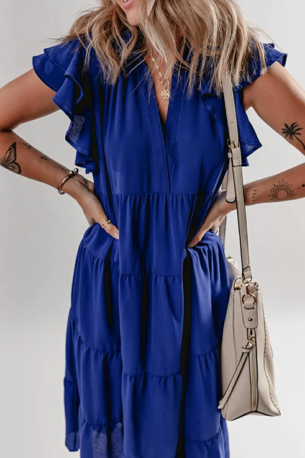 Hot Dear-Lover Ruffled Short Sleeve Collared V Neck Tiered Midi Dress Bluing